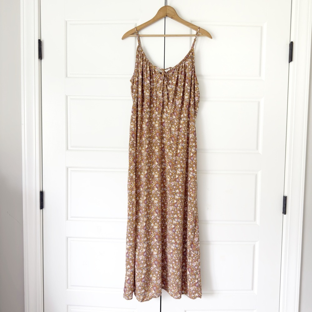 Old Navy Floral Cami Midi Dress Womens L Mustard Yellow Straps Boho Rayon Slit